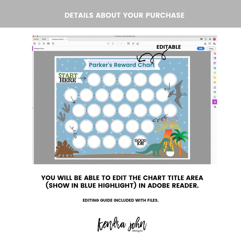 May include: Editable dinosaur reward chart printable with a blue background. The chart has a title area that says "Parker's Reward Chart". The chart has 36 circles for stickers or stamps. The chart also has a dinosaur, a volcano, and a palm tree.
