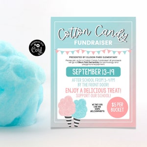 Cotton Candy Flyer, School Fundraiser Flyer, PTA School Fundraiser, Fundraiser Printable, Fundraiser Idea, Cotton Candy Template, Corjl
