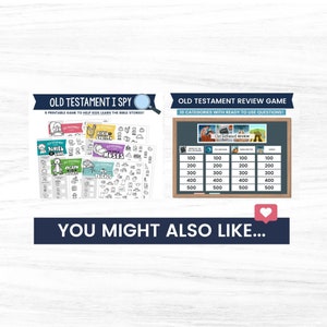 May include: Two printable educational games for kids about the Old Testament. The first game is an I Spy game with 6 printable pages featuring characters and objects from the Old Testament. The second game is a review game with 10 categories and ready-to-use questions.