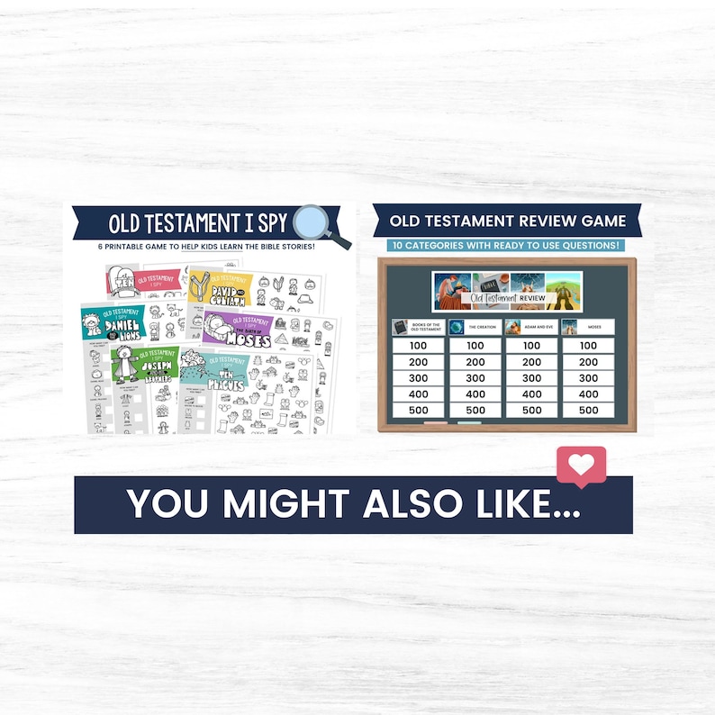 May include: Two printable educational games for kids about the Old Testament. The first game is an I Spy game with 6 printable pages featuring characters and objects from the Old Testament. The second game is a review game with 10 categories and ready-to-use questions.