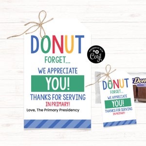 Regalo de maestro primario, regalo primario económico, etiqueta de regalo de donut, maestro primario SUD gracias, iglesia gracias, etiqueta de agradecimiento imprimible