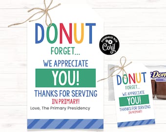 Primary Teacher Gift, Inexpensive Primary Gift, Donut Gift Tag, LDS Primary Teacher Thank You, Church Thank You, Printable Thank You Tag