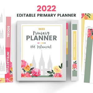 Op de afbeelding: Een printbare Primary Planner voor 2022 met een bloemenontwerp en een grijs silhouet van de Salt Lake Temple. De planner heeft de titel "Primary Planner" en "Oud Testament".
