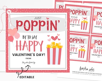 Just Poppin' By, Valentines Ministering Idea, Printable Treat Tag, Popcorn Tag, Valentines Treat Tag, Ministering Handout,