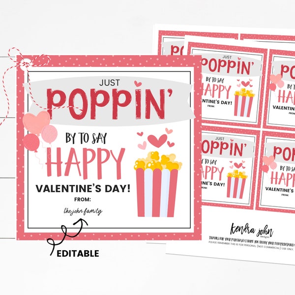 Just Poppin' By, Valentines Ministering Idea, Printable Treat Tag, Popcorn Tag, Valentines Treat Tag, Ministering Handout,