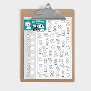 May include: A black and white printable I Spy game featuring Daniel and the Lions from the Old Testament. The game includes a list of items to find, such as Daniel's head, a king, and a lion.