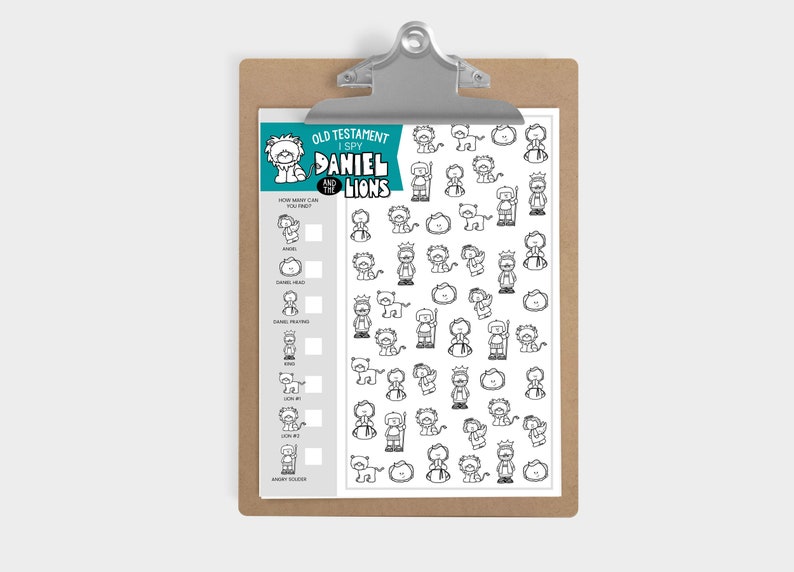 May include: A black and white printable I Spy game featuring Daniel and the Lions from the Old Testament. The game includes a list of items to find, such as Daniel's head, a king, and a lion.