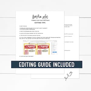 May include: Printable digital download for a "Just Poppin'" popcorn party sign. The sign features a red and white striped popcorn box with the text "Just Poppin'" in red and "Hello!" in white. The sign is designed for editing in Adobe Reader.