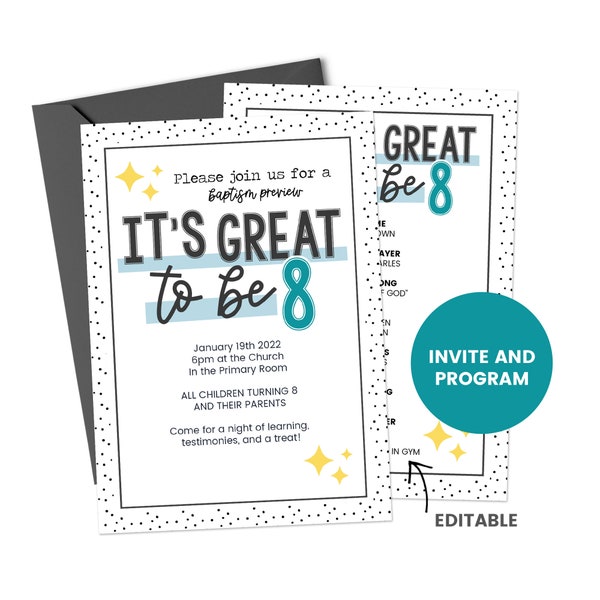 Great To Be 8 Invitation, Great To Be 8 Program, Primary Baptism Preview, Great to Be Eight, Great To Be 8 Printable, LDS Baptism