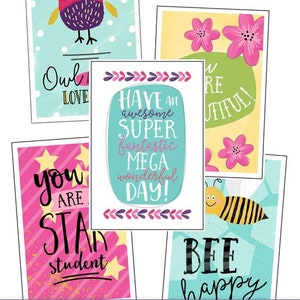 May include: Eight printable lunchbox notes with colorful illustrations and encouraging messages. The notes feature an owl, flowers, a bee, and stars. The text includes phrases like "Owl Love", "Have an awesome super fantastic mega wonderful day!" and "You are a star student".