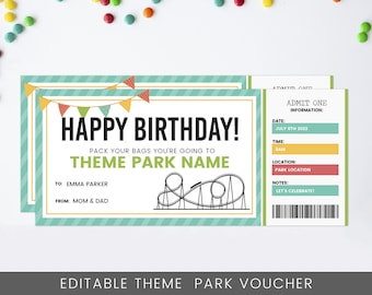 May include: Editable theme park birthday voucher with a colorful design. The voucher says "Happy Birthday!" and "Pack your bags you're going to [THEME PARK NAME]" with a cartoon roller coaster. The voucher also includes a section for the date, time, location, and notes.