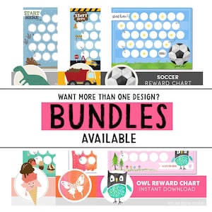 May include: A set of printable reward charts for children featuring different themes, including dinosaurs, construction vehicles, football, ice cream, butterflies, and owls. The charts have a colourful design and are perfect for motivating children to reach their goals.