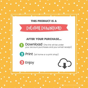 K&ouml;nnte beinhalten: Eine Grafik f&uuml;r einen digitalen Download mit einem roten Banner, auf dem "DIGITALER DOWNLOAD" steht. Die Grafik hat einen gelben Hintergrund mit wei&szlig;en Punkten und Anweisungen zum Herunterladen, Drucken und Genie&szlig;en des Produkts.