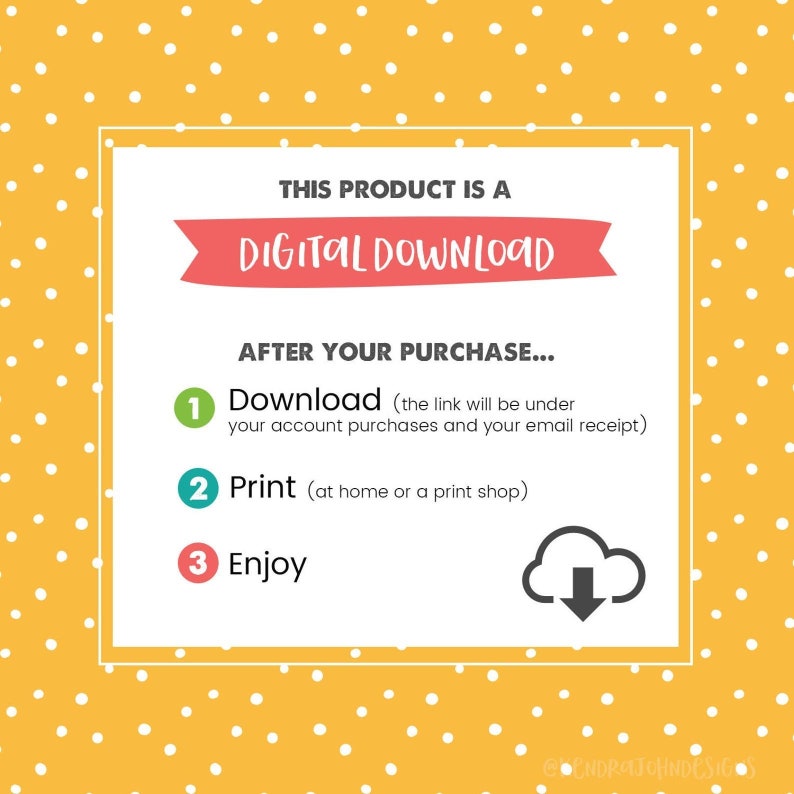 K&ouml;nnte beinhalten: Eine Grafik f&uuml;r einen digitalen Download mit einem roten Banner, auf dem "DIGITALER DOWNLOAD" steht. Die Grafik hat einen gelben Hintergrund mit wei&szlig;en Punkten und Anweisungen zum Herunterladen, Drucken und Genie&szlig;en des Produkts.