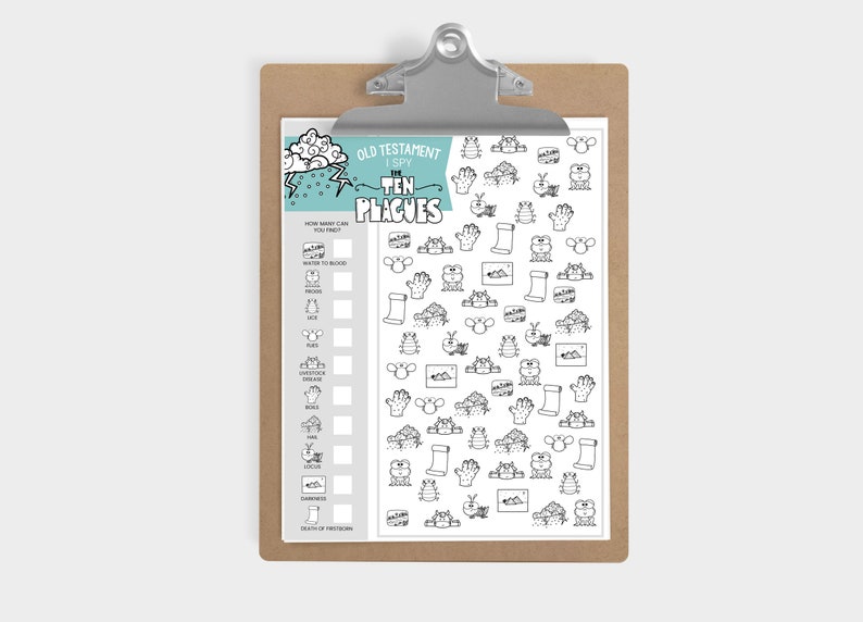 May include: A black and white printable I Spy game featuring the Ten Plagues of Egypt. The game includes images of frogs, lice, blood, hail, locusts, boils, darkness, and death of the firstborn. The game also includes a checklist for players to mark off the items they find.