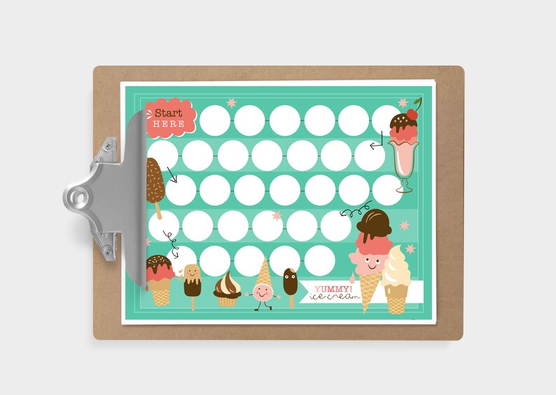 May include: A printable ice cream themed game board with a turquoise background and white circles. The board has the words "Start Here" and "Yummy! Ice Cream" printed on it. The board is on a brown clipboard.