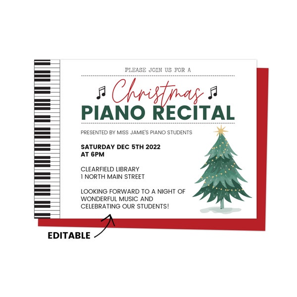 Christmas Piano Recital Invitation, Piano Recital Flyer, Recital Invite Template, Piano Concert Invite, Holiday Piano Recital, Editable,