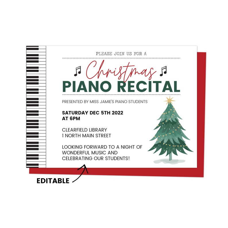 Christmas Piano Recital Invitation, Piano Recital Flyer, Recital Invite Template, Piano Concert Invite, Holiday Piano Recital, Editable, image 1