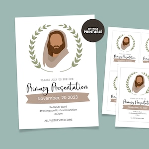 Peut inclure: Invitation imprimable pour une présentation de l'école primaire avec une couronne brune et verte et un dessin de Jésus-Christ. Le texte indique "Veuillez vous joindre à nous pour notre présentation de l'école primaire, le 20 novembre 2023, Redlands Ward, 459 Kingston Rd. Grand Junction à 14h00, Tous les visiteurs sont les bienvenus."