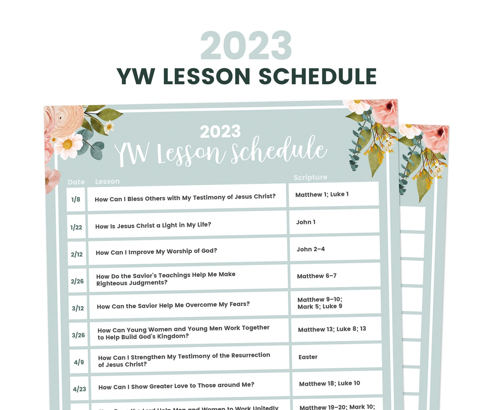 YW Lesson Schedule 2023 Young Women Teaching Schedule Come Etsy