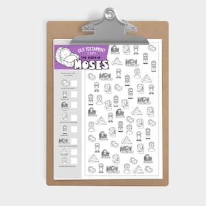 May include: A black and white printable I Spy game featuring the story of Moses' birth. The game includes images of Moses in a basket, Pharaoh, a princess, and pyramids. The text on the game says "Old Testament I Spy: The Birth of Moses".