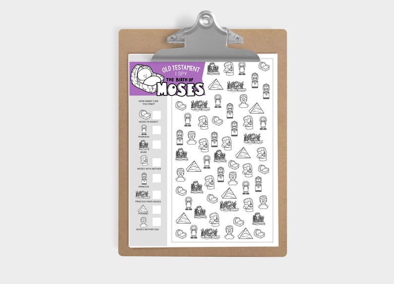 May include: A black and white printable I Spy game featuring the story of Moses' birth. The game includes images of Moses in a basket, Pharaoh, a princess, and pyramids. The text on the game says "Old Testament I Spy: The Birth of Moses".