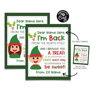 Elf estoy de vuelta etiqueta, etiqueta de regalo de elfo, carta de llegada de elfo, elfo bienvenido de nuevo, elfo de Navidad imprimible, carta de bienvenida de elfo, idea de elfo imprimible,
