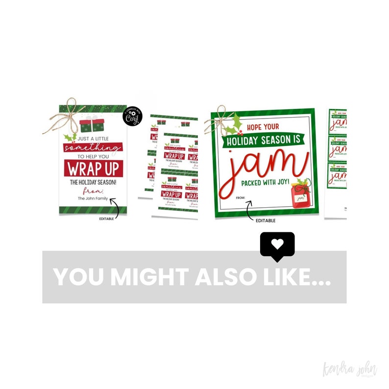 Op de afbeelding: Printbare kerstcadeau-etiketten met een groen en rood kleurenschema. De etiketten bevatten feestelijke ontwerpen en tekst die zegt "Just a little something to help you wrap up the holiday season" en "Hope your holiday season is jam packed with joy!"