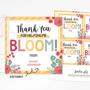 K&ouml;nnte beinhalten: Editierbare Dankeskarte mit floralem Design und dem Text "Vielen Dank, dass du mir hilfst zu BL&Uuml;HEN!" mit einem Platz zum Schreiben eines Namens. Die Karte ist gelb und wei&szlig; mit roten, rosa und blauen Blumen.