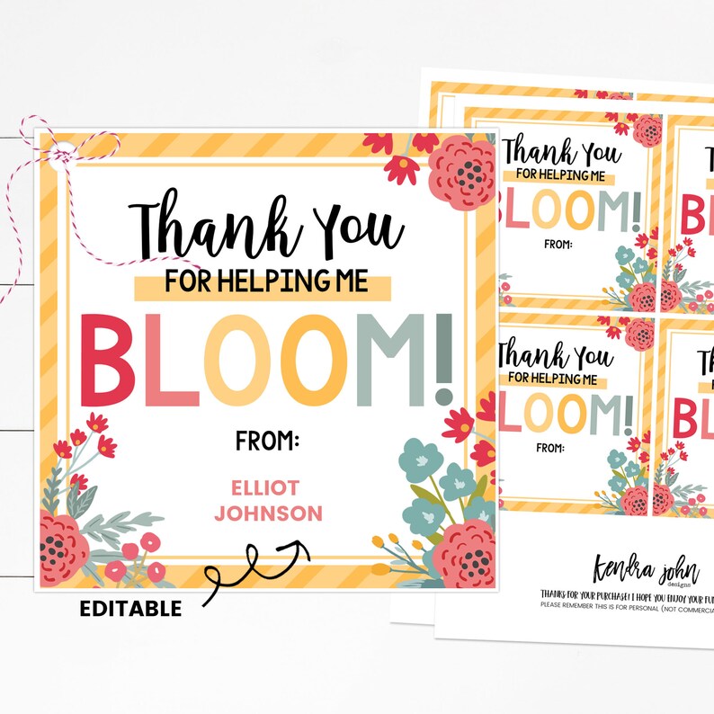 K&ouml;nnte beinhalten: Editierbare Dankeskarte mit floralem Design und dem Text "Vielen Dank, dass du mir hilfst zu BL&Uuml;HEN!" mit einem Platz zum Schreiben eines Namens. Die Karte ist gelb und wei&szlig; mit roten, rosa und blauen Blumen.