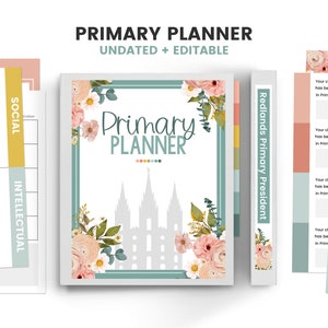 Op de afbeelding: Een printbare planner voor Primaire leiders in de Kerk van Jezus Christus van de Heiligen der Laatste Dagen. De omslag heeft een bloemenontwerp met een turquoise rand en een wit silhouet van de Salt Lake Tempel. De tekst "Primary Planner" staat in turquoise lettertype met een bloemenontwerp.