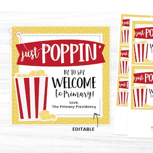 Welcome To Primary, Primary Handout, Primary Gift Printable, Popcorn Gift Tag, LDS Primary, Primary 2023, Church of Jesus Christ, Editable