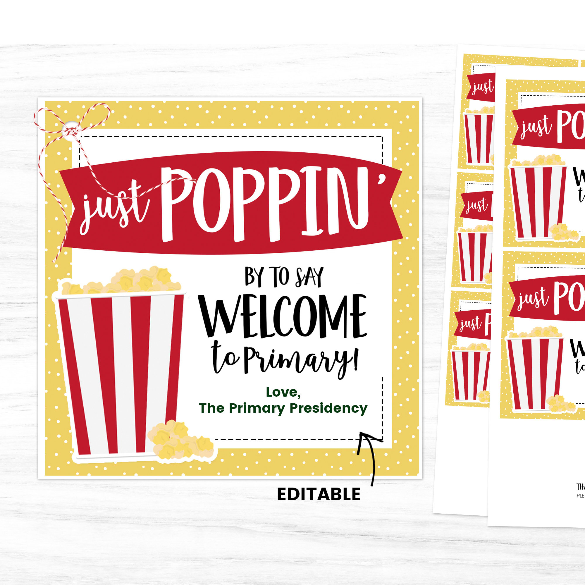 Welcome To Primary, Primary Handout, Primary Gift Printable, Popcorn Gift Tag, LDS Primary, Primary 2023, Church of Jesus Christ, Editable