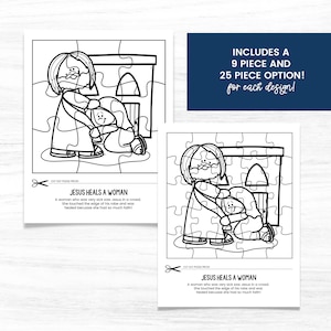 May include: Black and white printable coloring page puzzle of Jesus healing a woman. The puzzle includes a 9 piece and 25 piece option. The text on the page reads "Jesus Heals a Woman". A woman who was very sick saw Jesus in a crowd. She touched the edge of his robe and was healed because she had so much faith!"