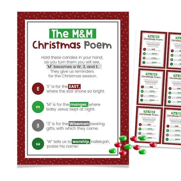 Christmas Poem Printable, LDS Christmas Printable, M&M Christmas Poem, Christmas Handout, Primary Christmas Gift, Nativity Story Tag