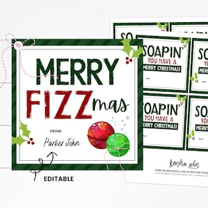 Peut inclure: Une étiquette cadeau de Noël imprimable avec un fond rayé vert et rouge. L'étiquette dit "Merry Fizzmas" avec une illustration de bombe de bain aquarelle rouge et verte. Le texte "De :" est suivi d'un espace vide pour un nom. L'étiquette est étiquetée "Editable".