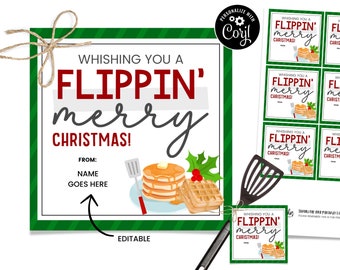 Flippin Merry Christmas, Spatula Gift Tag, Christmas Spatula Tags, Neighbor Gift Ideas, Pancake Christmas Tag, Waffle Mix Gift, Printable