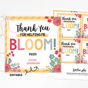 K&ouml;nnte beinhalten: Editierbare Dankeskarte mit floralem Design und dem Text "Vielen Dank, dass du mir hilfst zu BL&Uuml;HEN!" mit einem Platz zum Schreiben eines Namens. Die Karte ist gelb und wei&szlig; mit roten, rosa und blauen Blumen.