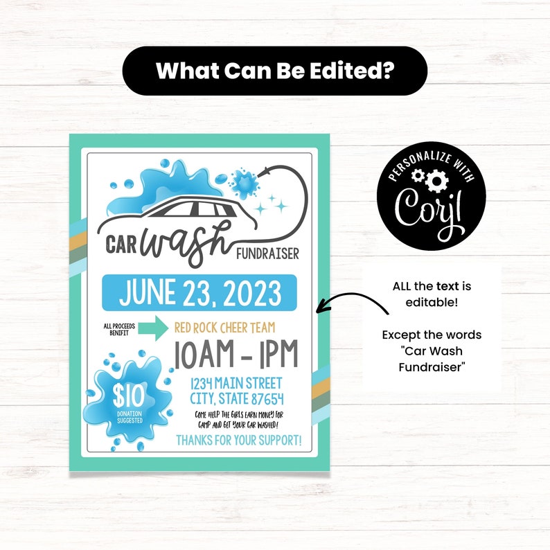 May include: A teal and white car wash fundraiser flyer with the text "Car Wash Fundraiser" and "June 23, 2023". The flyer includes the text "Red Rock Cheer Team" and "10AM-1PM". The flyer also includes the text "$10 Donation Suggested".