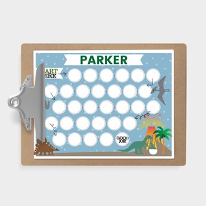 May include: A blue and white dinosaur-themed chart with the name "PARKER" at the top. The chart has 30 circles for stickers or stamps. The chart has a dinosaur, volcano, and palm trees at the bottom. The text "GOOD JOB!" is written on the chart.