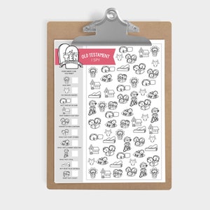 May include: A printable Old Testament I Spy game with a list of 10 commandments to find in the image. The image features a variety of black and white illustrations of Old Testament stories and symbols.
