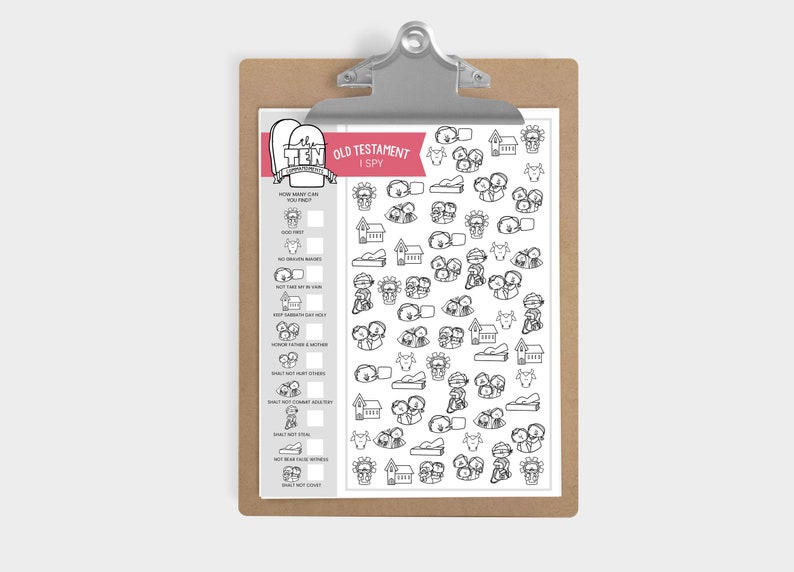 May include: A printable Old Testament I Spy game with a list of 10 commandments to find in the image. The image features a variety of black and white illustrations of Old Testament stories and symbols.