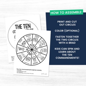 May include: Black and white printable activity for kids to learn about the Ten Commandments. The activity includes two circles with numbers 1 through 10 and illustrations of each commandment. The text "The Ten Commandments Spinner Activity" is at the bottom of the page.