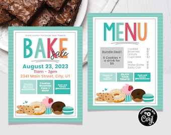 Könnte beinhalten: Ein türkisfarbener und rosafarbener Flyer, der eine Backwarenverkauf zugunsten eines lokalen Fußballteams bewirbt. Der Flyer enthält eine Speisekarte mit Preisen für Kekse, Brownies, Donuts, Cupcakes, Milch, Wasser und Limonade. Der Flyer bietet auch ein Paketangebot für 6 Kekse und ein Getränk für 6 €. Der Flyer enthält das Datum, die Uhrzeit und den Ort des Backwarenverkaufs. Der Flyer bietet auch eine Zahlungsmöglichkeit per Venmo und Barzahlung.