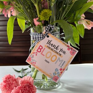 K&ouml;nnte beinhalten: Ein Strau&szlig; rosa und wei&szlig;er Nelken in einer klaren Glasvase mit einem karierten Band. Eine gelbe Karte mit dem Text "Danke, dass du mir hilfst zu BL&Uuml;HEN!" ist an der Vase befestigt.