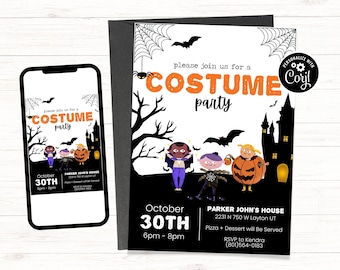 Puede incluir: Una invitación a una fiesta de Halloween en blanco y negro con fondo negro y texto blanco. La invitación presenta una ilustración de dibujos animados de tres niños disfrazados. El texto dice "Por favor, únase a nosotros para una fiesta de disfraces" e incluye la fecha, la hora y el lugar de la fiesta.