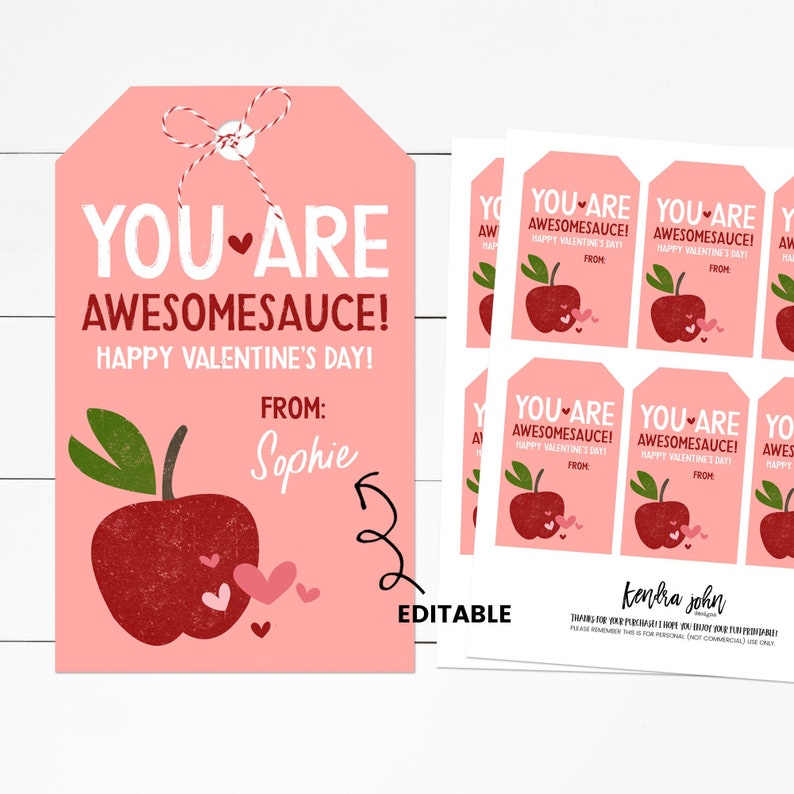 Applesauce Valentines, You're Awesomesauce, Applesauce Tag, Classroom Valentines, Kids Classroom Valentines, Kids Valentines Cards Printable image 1