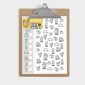 May include: A black and white printable I Spy game featuring characters from the Old Testament story of David and Goliath. The game includes a list of items to find, such as Goliath's head, David's sling, and a sheep.