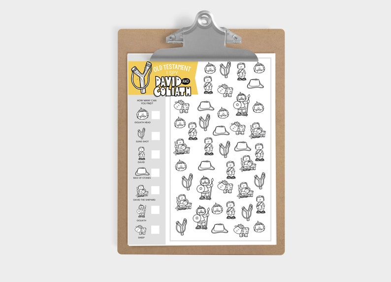 May include: A black and white printable I Spy game featuring characters from the Old Testament story of David and Goliath. The game includes a list of items to find, such as Goliath's head, David's sling, and a sheep.