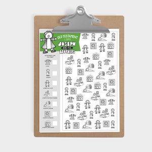 May include: A black and white printable I Spy game featuring the biblical story of Joseph and his brothers. The game includes images of Joseph's coat, Joseph in prison, Joseph's brothers, and other scenes from the story. The game is titled "Old Testament I Spy: Joseph and His Brothers".